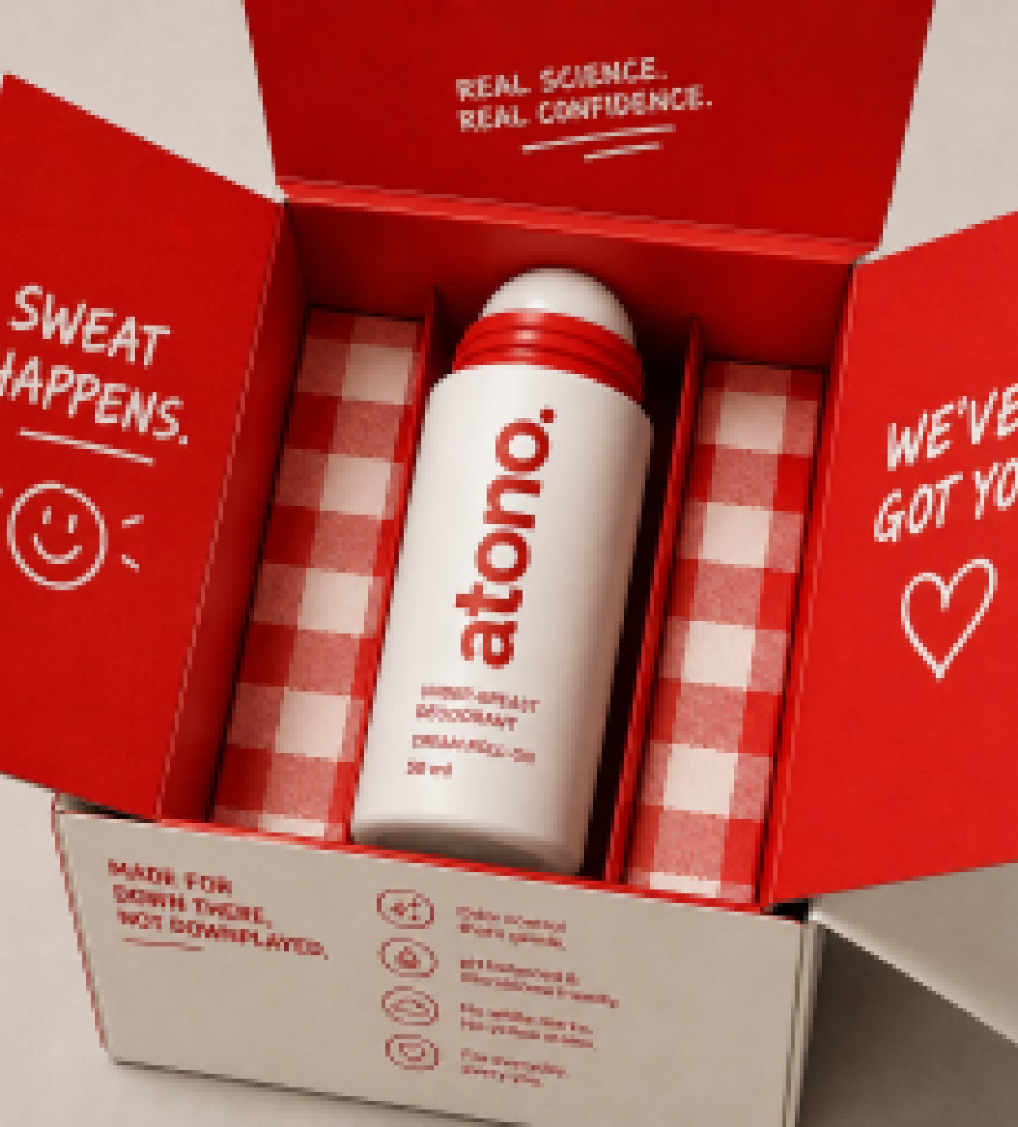 Atono cream roll-on in a red and cream launch box with gingham packaging